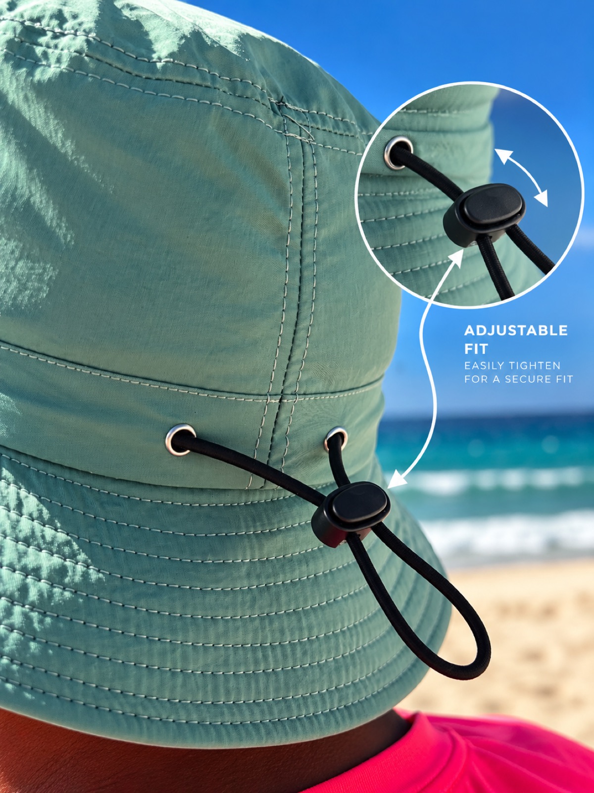 Close-up of the Surf Safe rear toggle used to adjust the fit