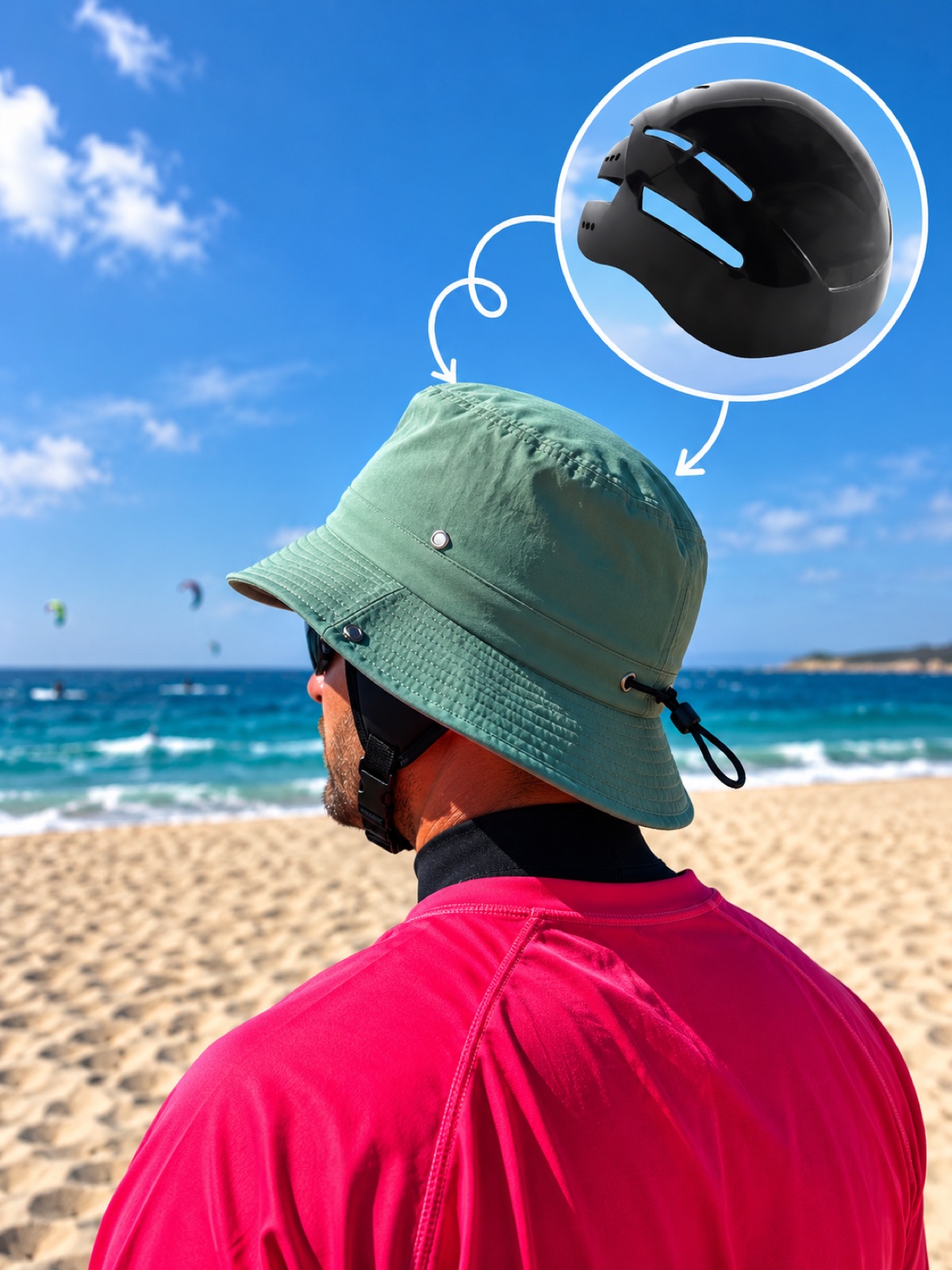 Back view of the Surf Safe hat with a callout showing the removable helmet shell inside