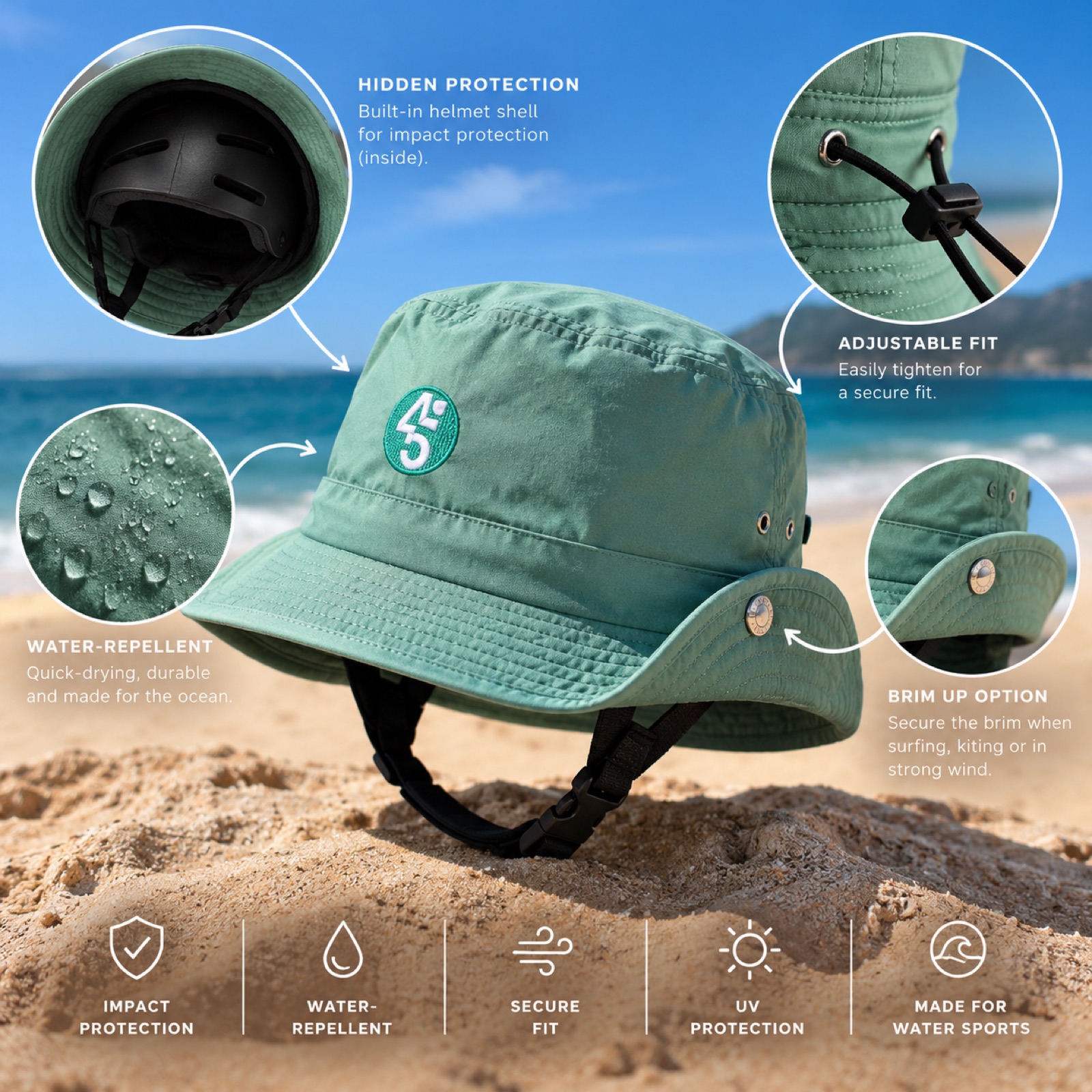 Surf Safe helmet hat on the beach, showing the hidden helmet shell, adjustable strap, water-repellent fabric, and brim-up option